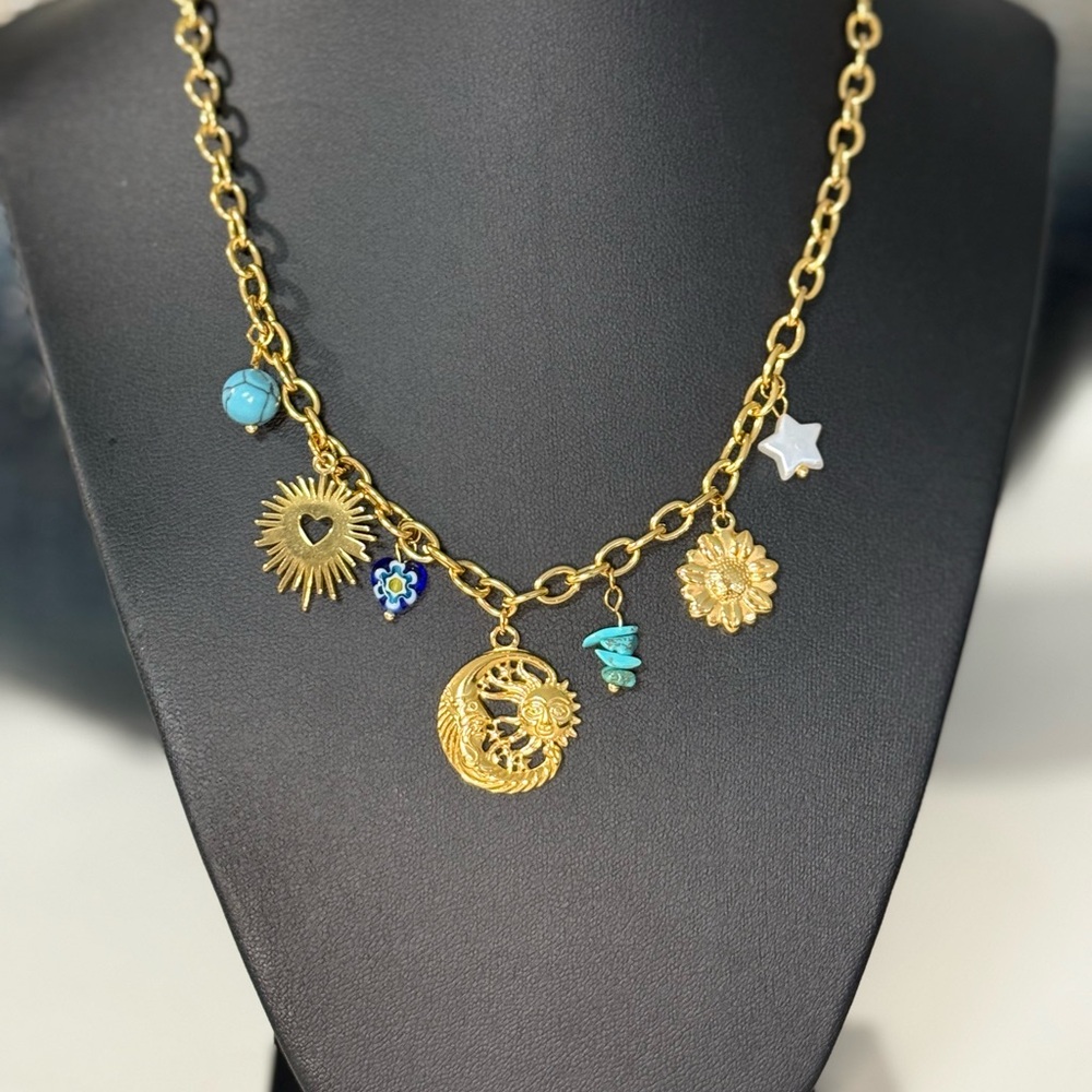Gold Charm Necklace with Sun and Star Accents